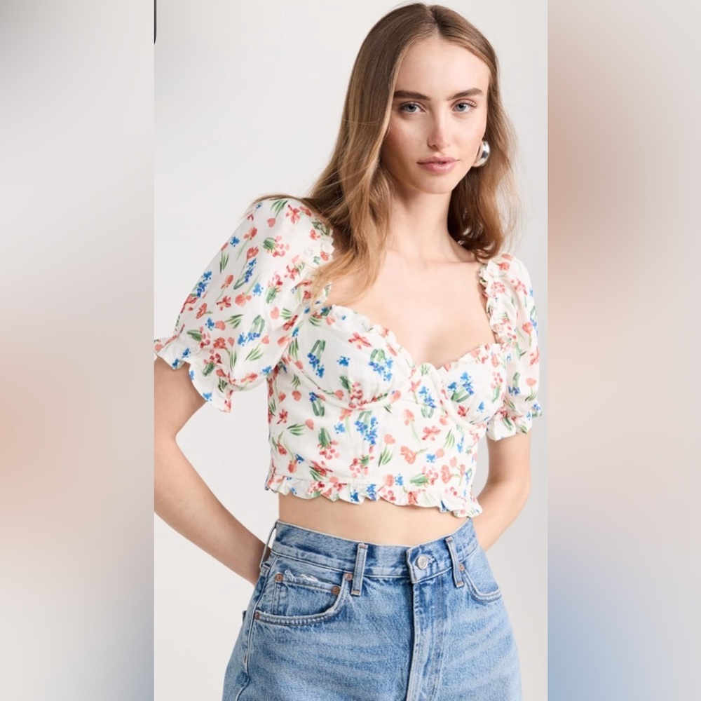 🆕 Astr Floral White Crop Corset Top with Pink & Blue Blossoms Small